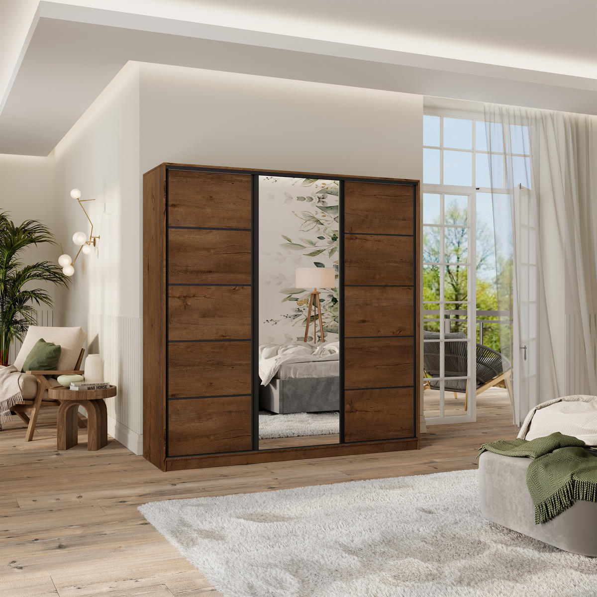 SCHWEBETÜRENSCHRANK PINA 200/205/58 cm 3-türig mit Spiegel und 4 Schubladen Eichefarben - Eichefarben, Holzwerkstoff (200/205/58cm) - MASSENO