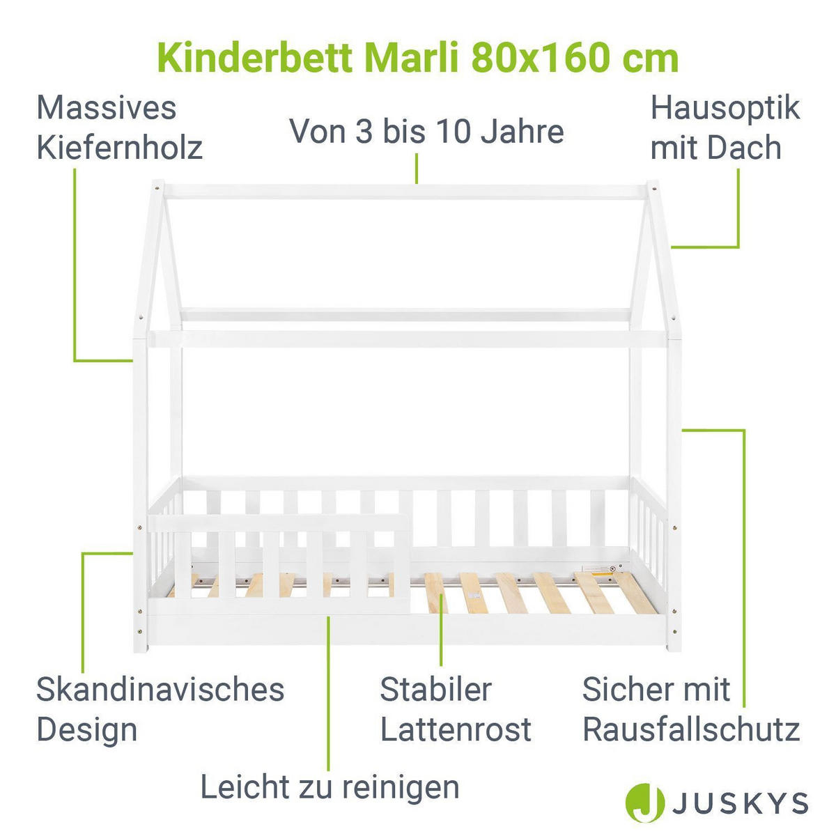 KINDERBETT Marli mit Matratze weiß 80x160 cm - Weiß, Holzwerkstoff (80/160cm) - Juskys