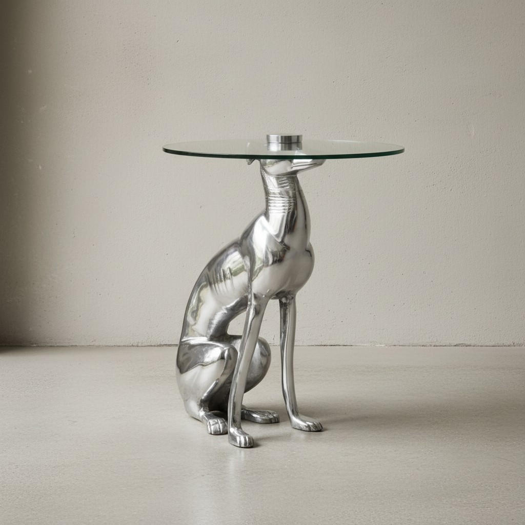 BEISTELLTISCH – Aluminium Glas Silber Skulptur Windhund 55x40 cm handgefertigt - Silberfarben, Glas/Metall (40/40/50cm) - KADIMA DESIGN