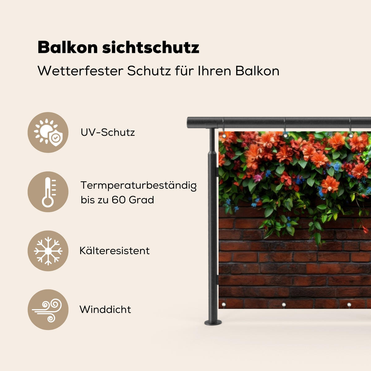 BALKON-SICHTSCHUTZ Blumen - Wand - Grün - Orange - Rotbraun, Kunststoff (300/85cm) - MuchoWow