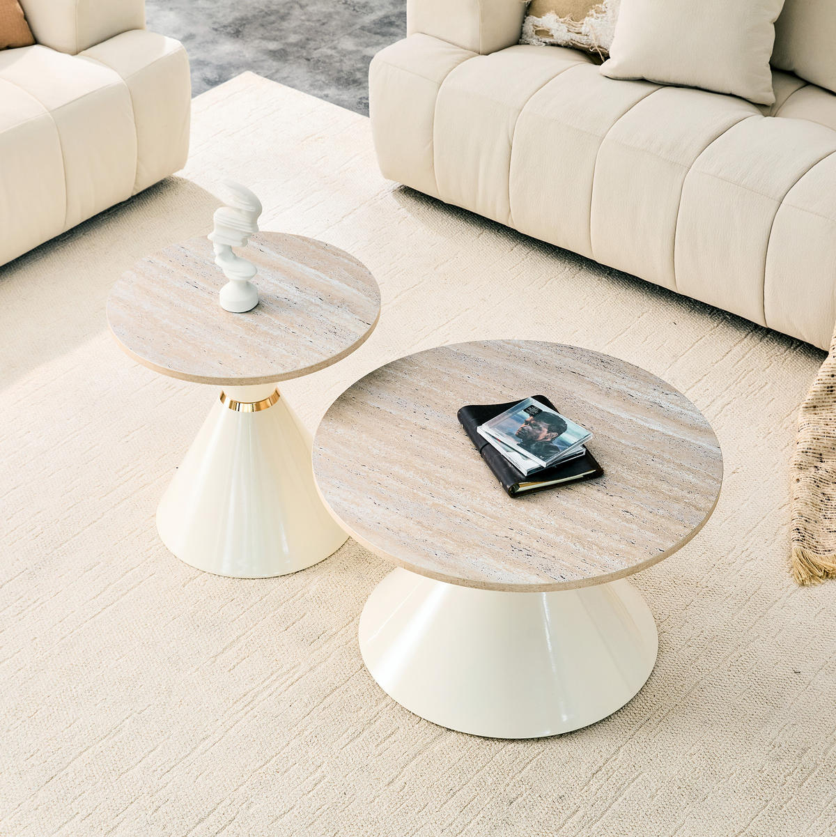 COUCHTISCH-SET aus Metall und Melamin 70x70x42 cm in Holzfarben und Creme, nestbar - Eichefarben, Metall (70/70/42.5cm) - IVMEU
