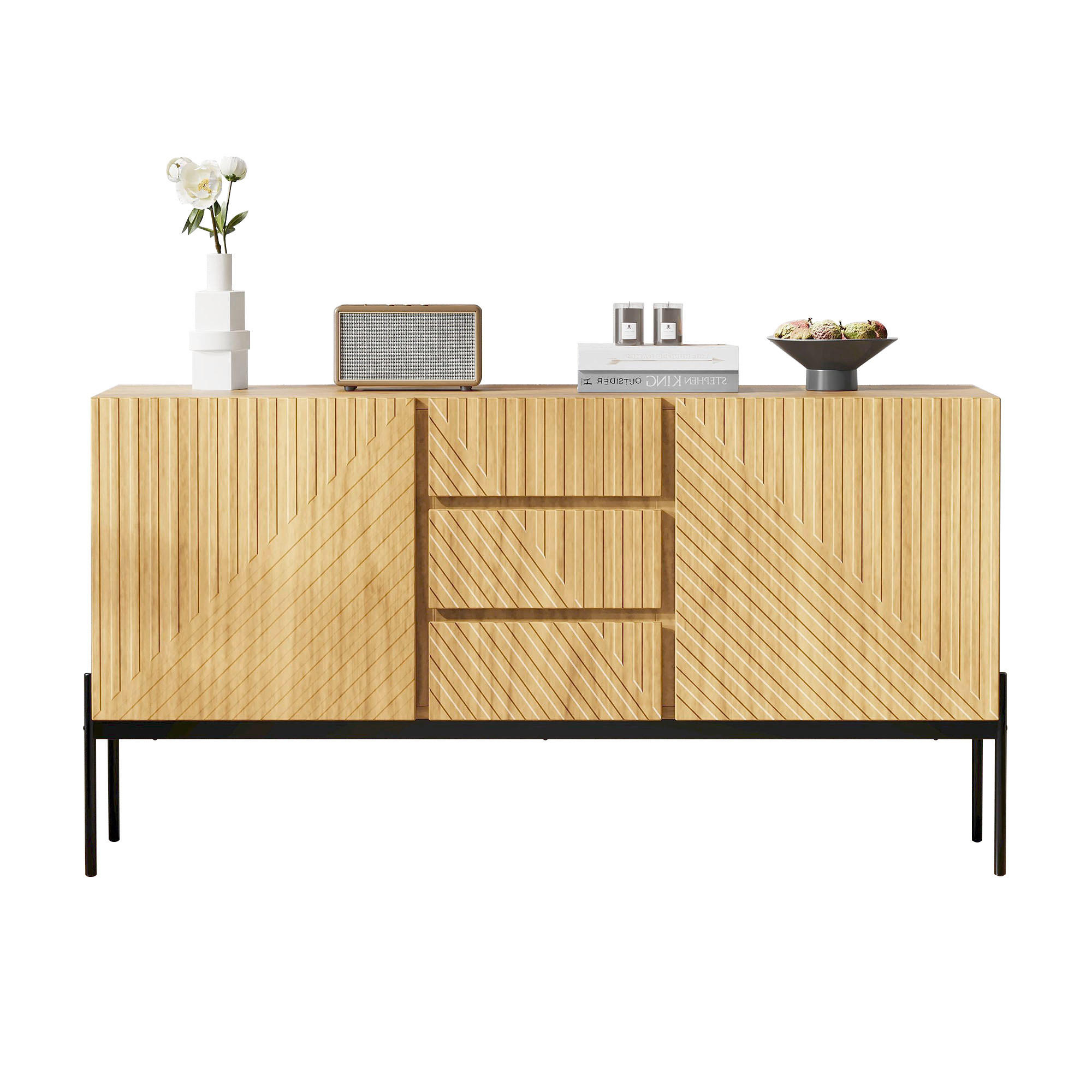 SIDEBOARD in Schwarz Standschrank mit 2 Türen, 3 Schubladen & Metallbeinen, mit Linien-Design, B140/T40/H75cm - Schwarz/Naturfarben, Holzwerkstoff/Metall (140/75/40cm) - STILVORA