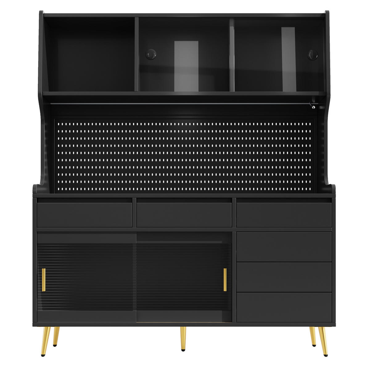 BUFFETSCHRANK 145/39/171 cm mit LED-Beleuchtung, App-Steuerung, Schiebetüren und geriffelter Glasfront, Schwarz - Schwarz, Holzwerkstoff (145/171/39cm) - Redom
