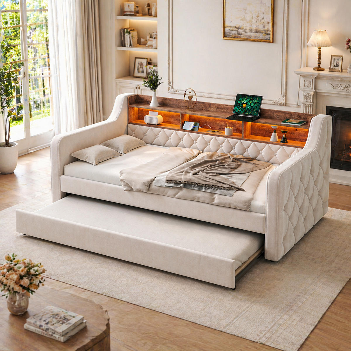 SOFA-BETT ausziehbar 90x190 cm Samt Beige mit Stauraum - Beige, Holz (90/190cm) - Meubliv