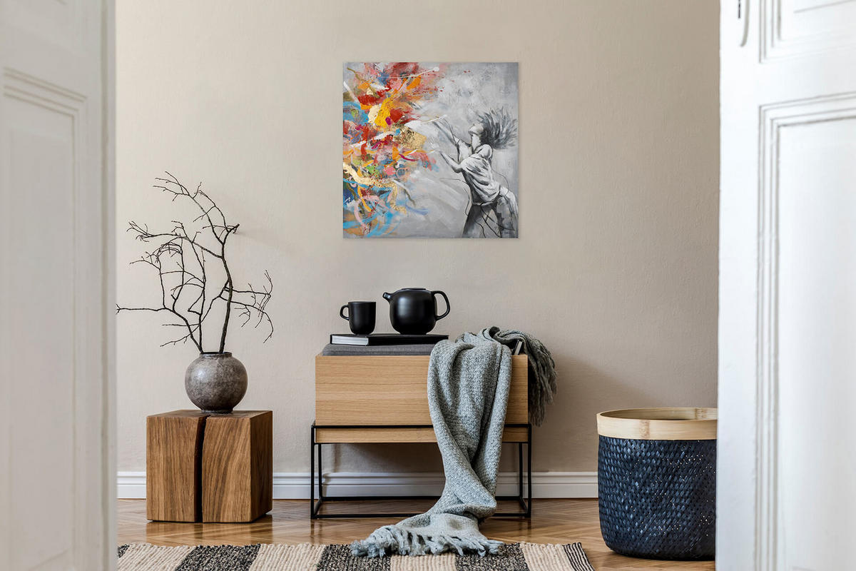 RUČNE MAĽOVANÝ AKRYLOVÝ OBRAZ 80/80 cm, sivý, abstraktný geometrický motív - sivá, drevo/textil (80/80cm) - KUNSTLOFT