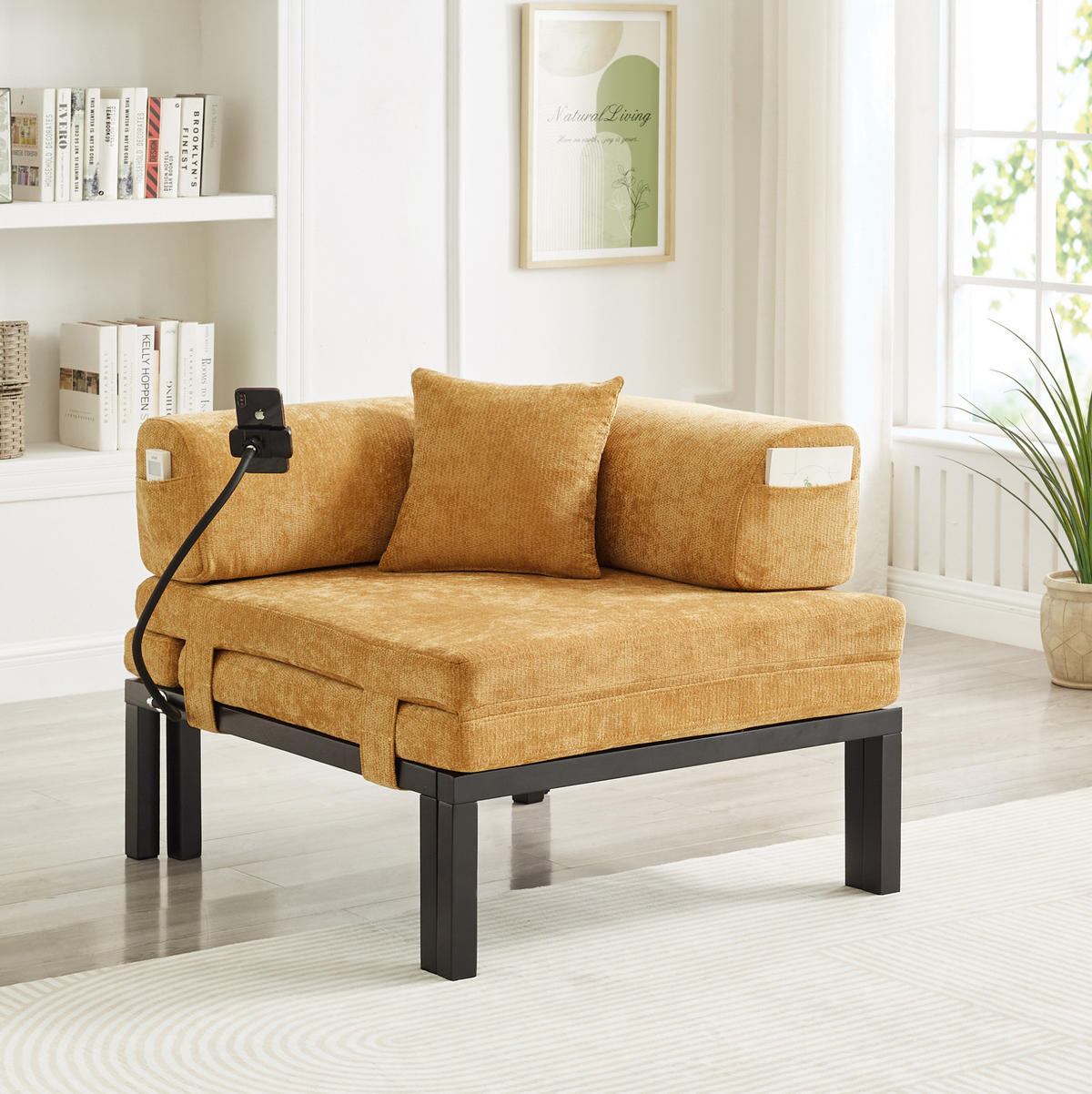 SCHLAFSOFA klappbar mit Ausziehbett Massivholz Samt Yellow - Gelb, Holz (81/64/176cm) - Meubliv