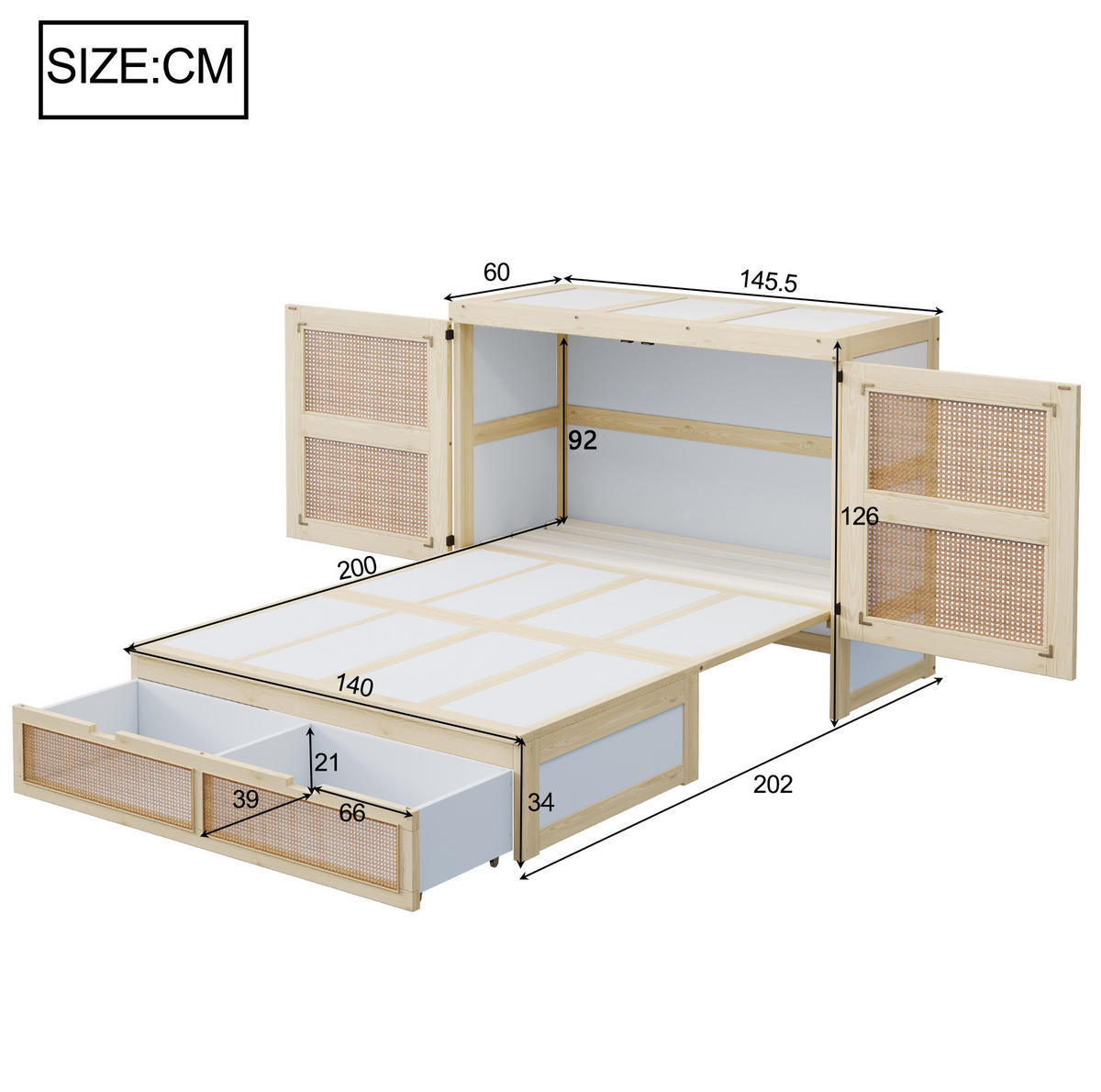 KLAPPBETT 140/200 cm aus Holz – vertikal, mit Stauraum - Naturfarben, Holzwerkstoff (140/200cm) - BEAOK