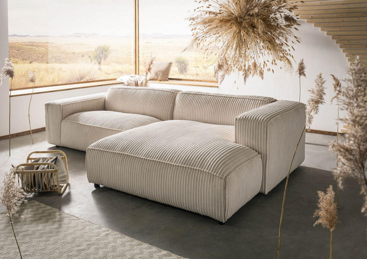 ECKSOFA 279x164x69 Cord elfenbein VALENCIA - Beige, Holz (279/164cm) - Massivmoebel24