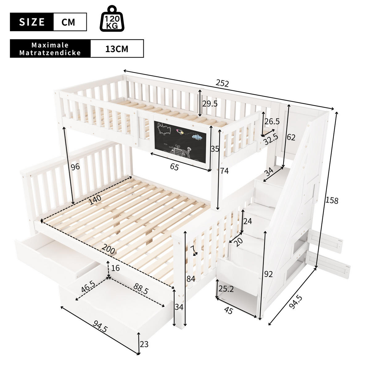 ETAGENBETT 90/200 & 140/200 cm aus Massivholz mit Treppe und Stauraum Weiß - Weiß, Holz (90/200cm) - Modenvie