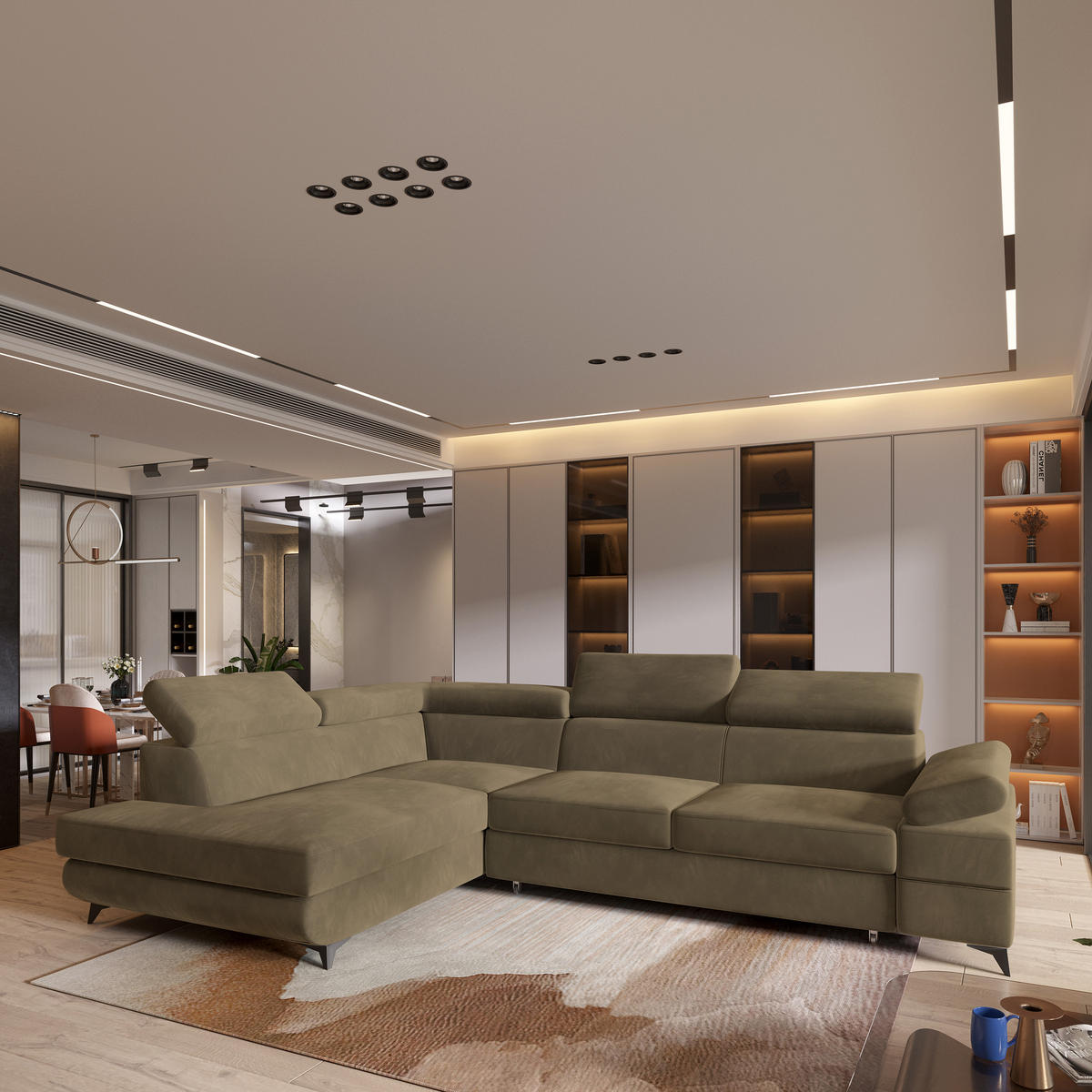 ECKSOFA FAVIEN L-S Beige Velours-Stoff mit Schlaffunktion - Beige, Holz (257/190cm) - MASSENO