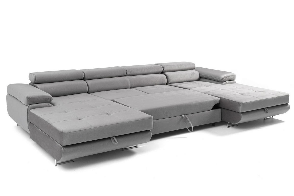 ECKSOFA U-Form ALONZO U mit Schlaffunktion 130x280 Velours Grau - Silberfarben/Grau, Holz/Textil (350/90/203cm) - Muffo