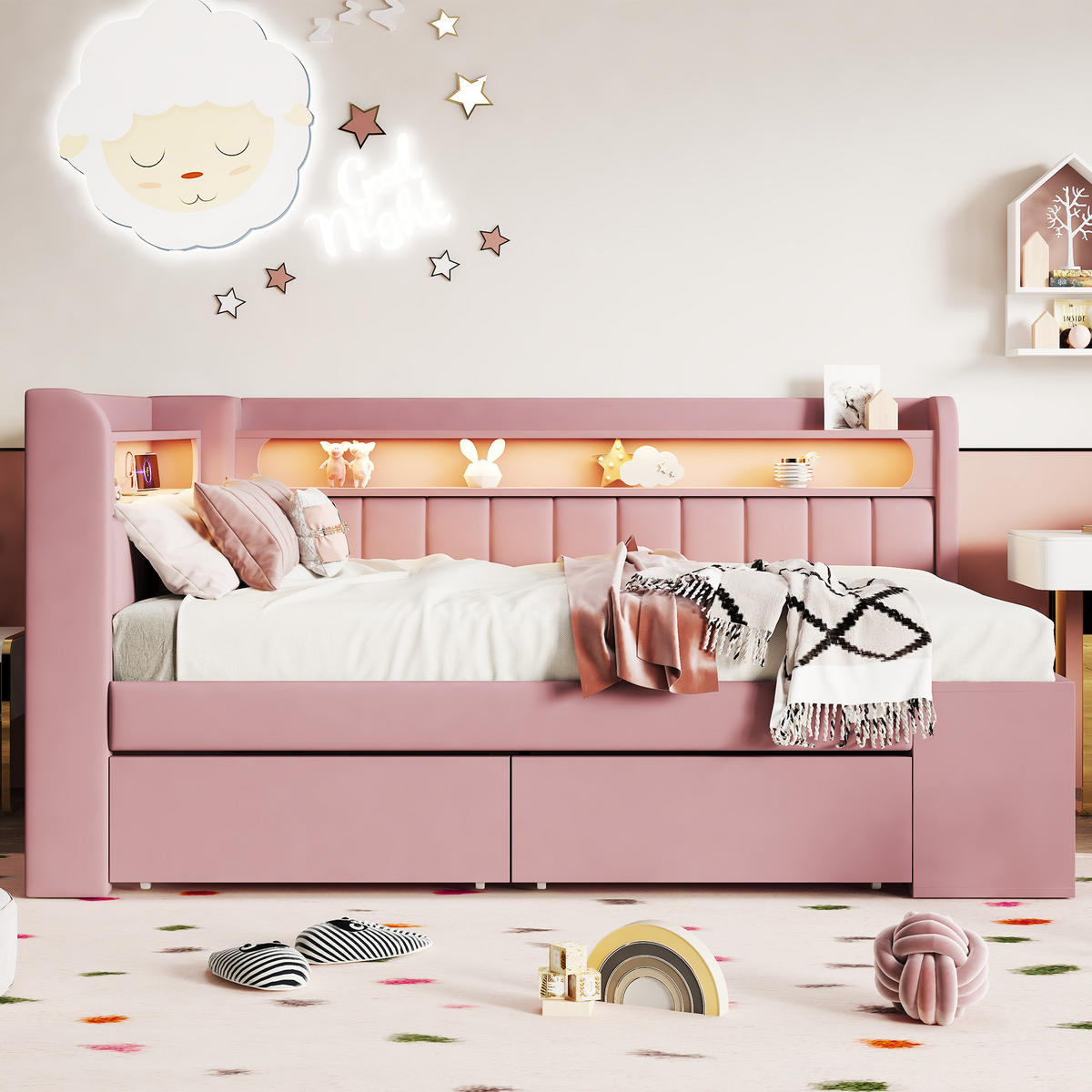 JUGENDBETT 90/200 mit LED, USB, 2 Schubladen und Schuhschrank in Rosa - Rosa, Holzwerkstoff/Textil (90/200cm) - EVRYAE