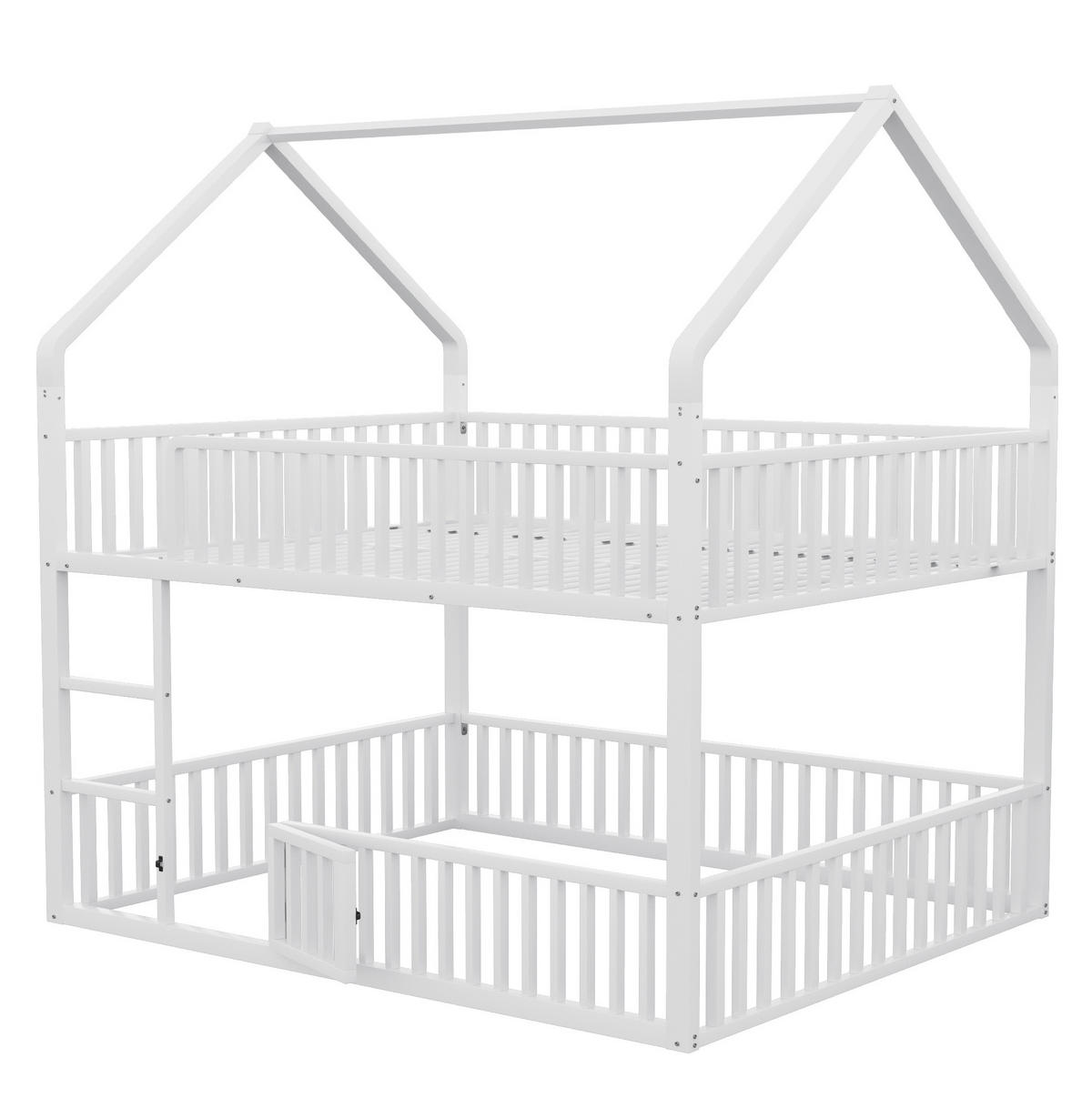 ETAGENBETT 140/200 cm Weiß aus Metall mit Haus-Design und Sicherheitsgeländern - Weiß, Metall (140/200cm) - OKWISH