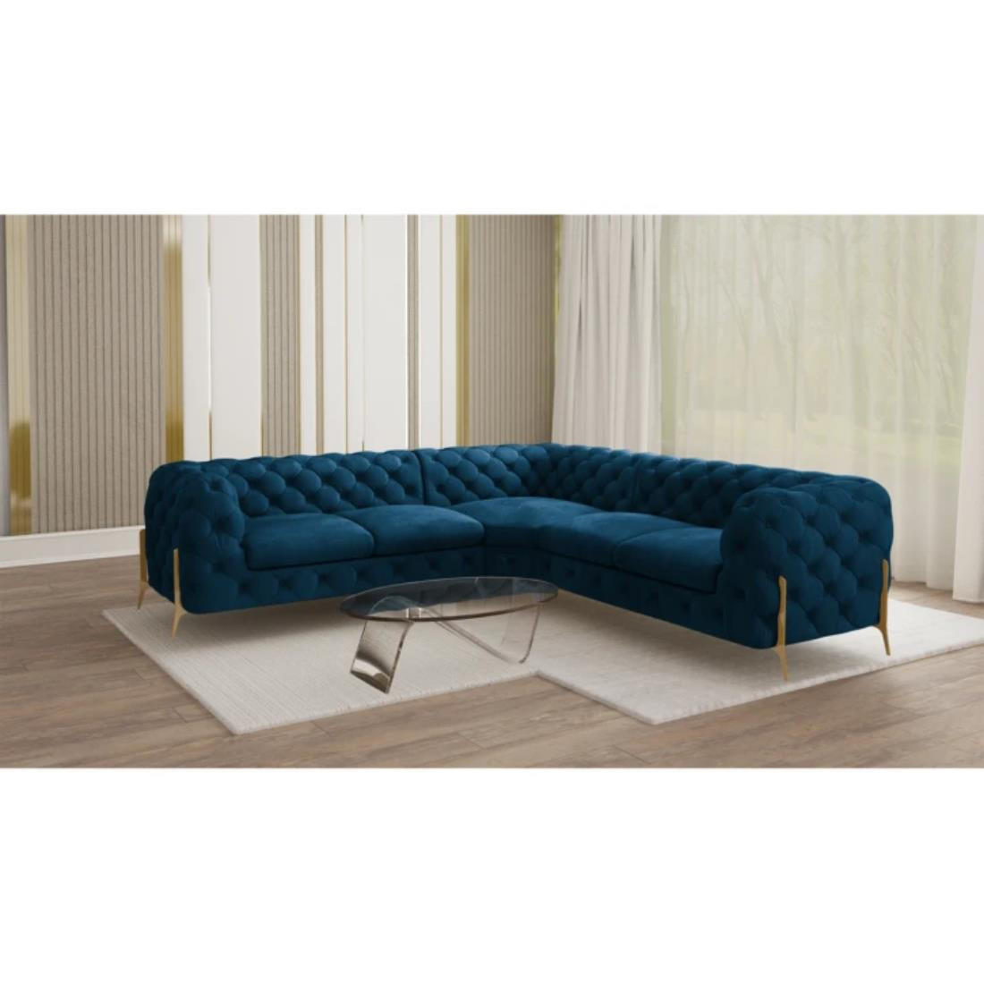 ECKSOFA Chesterfield Lexi Marineblau Samt - Goldfarben/Dunkelblau, Holz/Textil (264/264cm) - S-Style Möbel