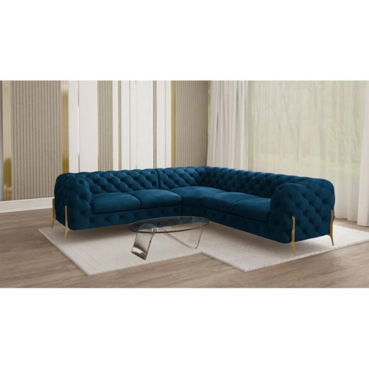 ECKSOFA Chesterfield Lexi Marineblau Samt - Goldfarben/Dunkelblau, Holz/Textil (264/264cm) - S-Style Möbel