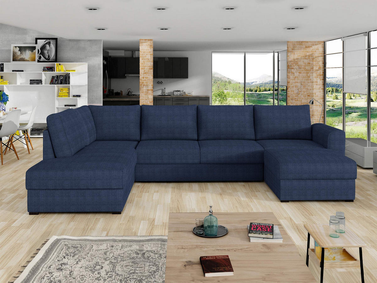 WOHNLANDSCHAFT Wilma, Seite: Links - Blau/Schwarz, Holz/Textil (305/85/188cm) - MIRJAN24