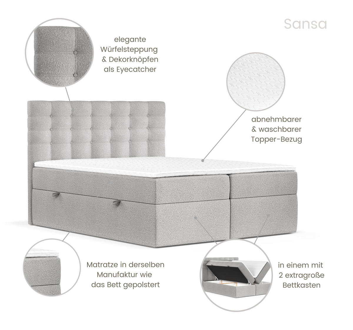 BOXBETT Sansa Grau 120/200 cm mit Taschenmatratze und Topper - Schwarz/Grau, Holz/Holzwerkstoff (120/200cm) - Maison de Reve