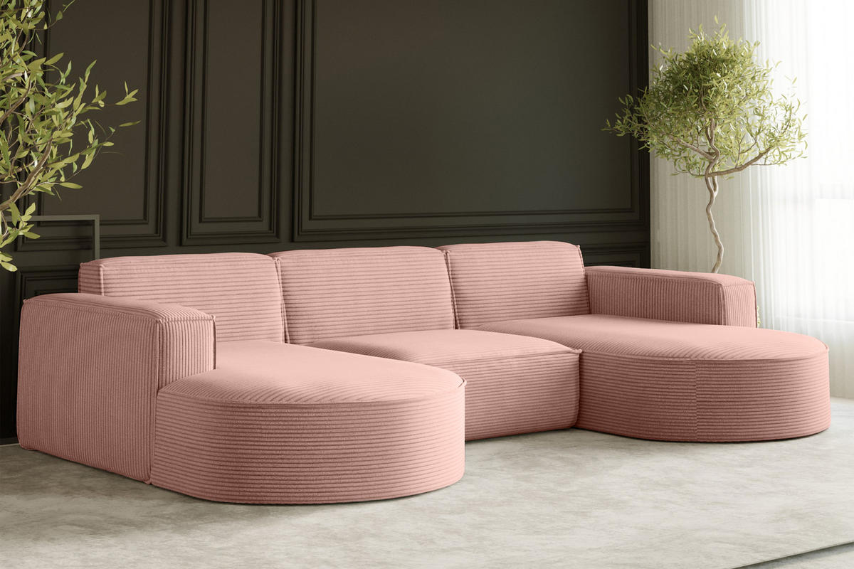 ECKSOFA Designer MODENA U STUDIO Stoff Dicker Cord Rosa - Rosa, Holz (165/299cm) - Kaiser Möbel