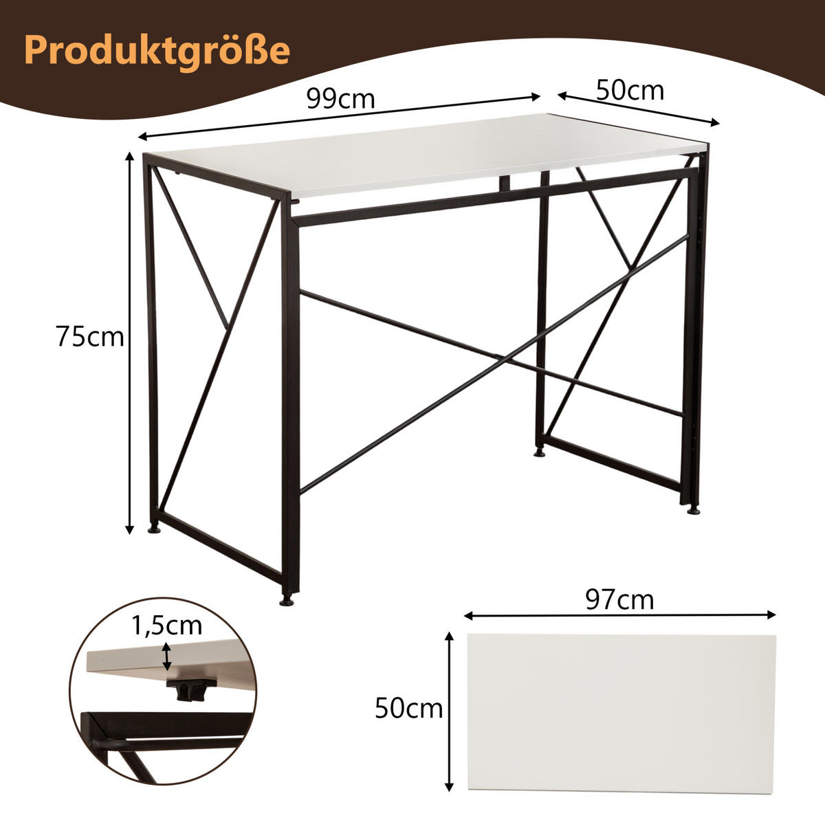 SCHREIBTISCH klappbar 99 x 50 x 75 cm MDF Metall White - Weiß, Metall (99/50/75cm) - Meubliv