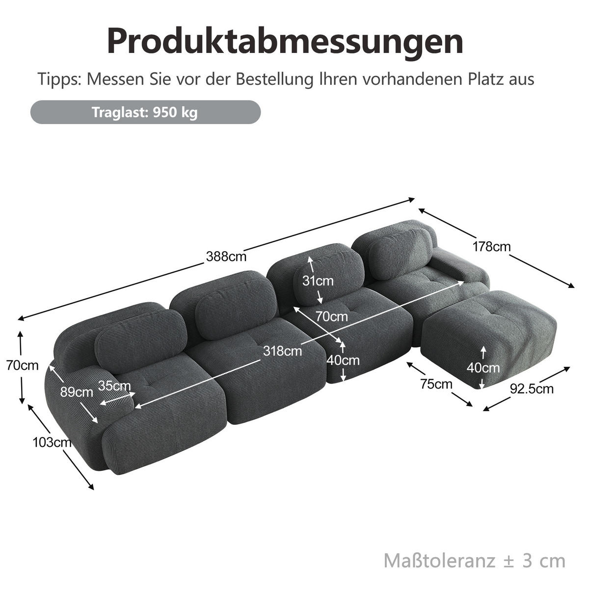 ECKSOFA 388/178/70 cm in Grau aus Cord mit Chaiselongue - Grau, Textil (178/388cm) - Flora Grace