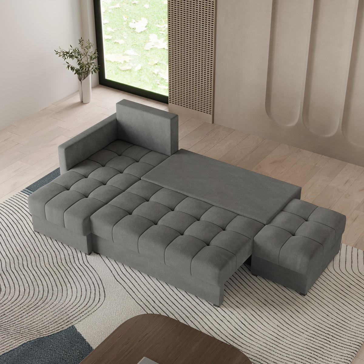 ECKSOFA LUMARI L-S Grau Plüsch-Stoff mit Schlaffunktion - Grau, Holz (262/143cm) - MASSENO