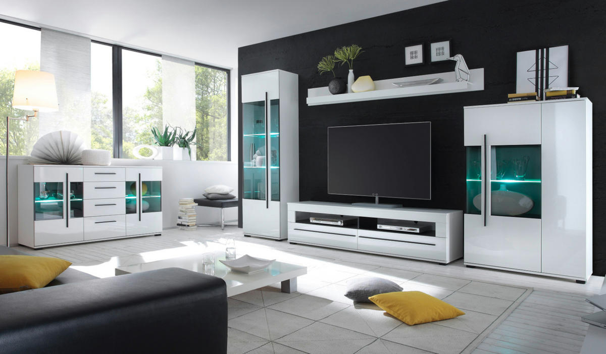 TV-LOWBOARD weiß Hochglanz 180 cm, TV Unterschrank mit Soft-Close - Weiß Hochglanz/Schwarz, Holzwerkstoff/Kunststoff (180/47/42cm) - Furn.Design