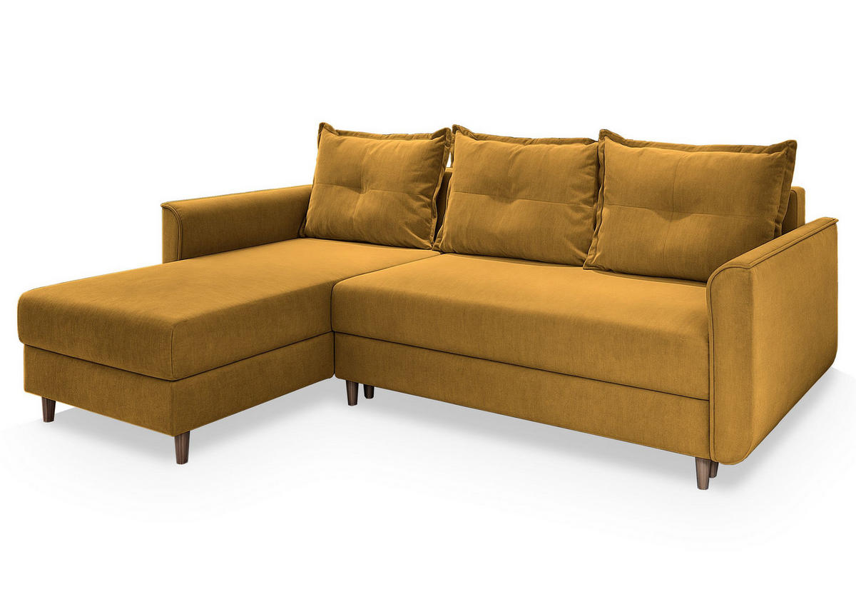ECKSOFA PISAN R-S Gelb Plüsch-Stoff mit Schlaffunktion - Gelb, Holz (220/140cm) - MASSENO
