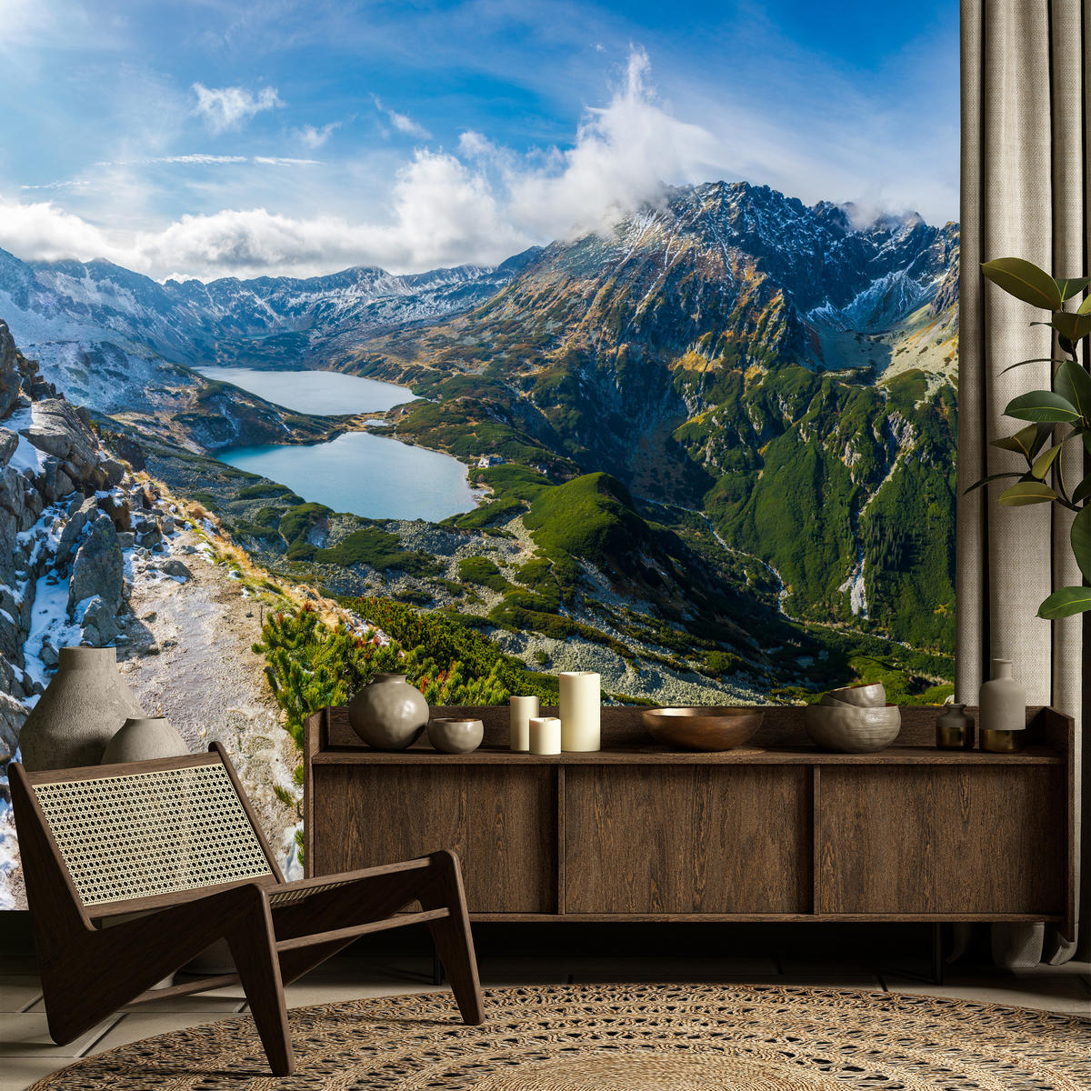 FOTOTAPETE für Wohnzimmer Tal der Fünf Polnischen Seen Gebirge 300x210 - Blau/Gelb, Papier (300/210cm) - Muralo