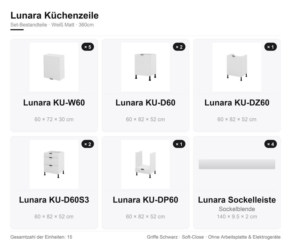KÜCHENZEILE – 360 cm – KU-SA02 – Lunara – Weiß Matt – ohne E-Geräte - Schwarz/Weiß, Holzwerkstoff/Metall (360/214/52cm) - hi-markt