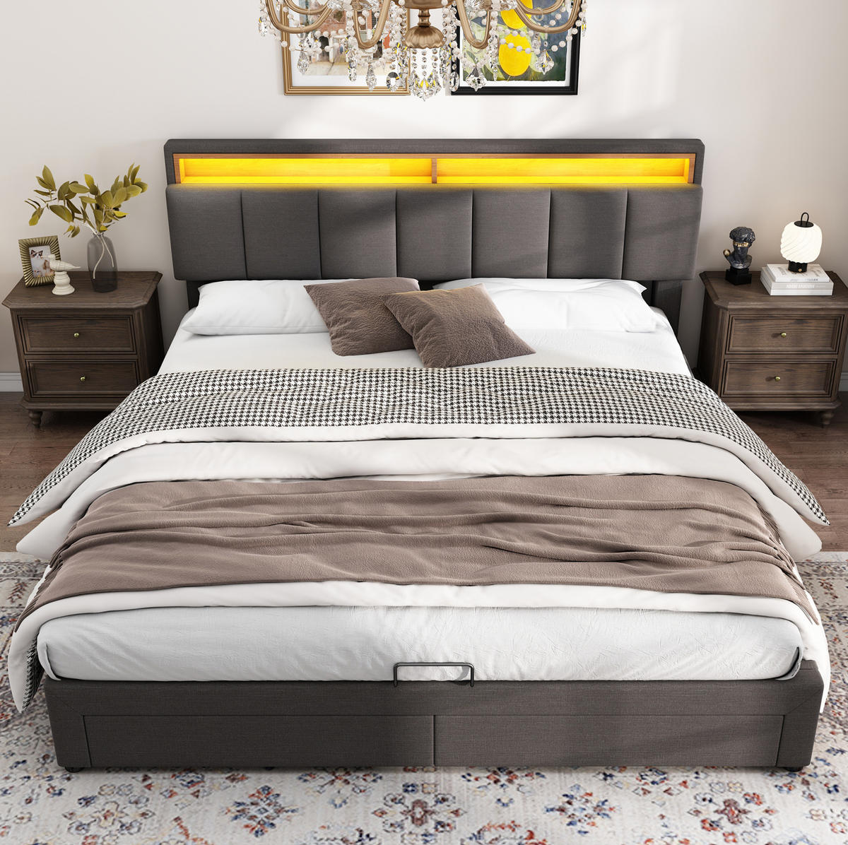POLSTERBETT 160/200 cm dunkelgrau mit LED-Beleuchtung und Stauraum - Hellgrau, Metall (160/200cm) - Flora Grace