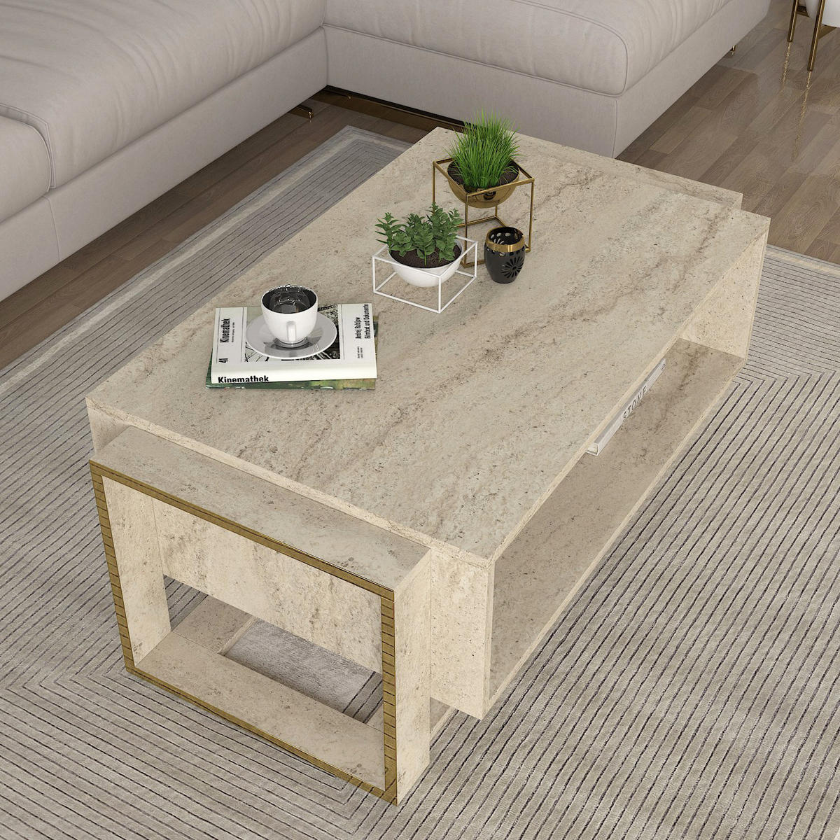 COUCHTISCH Bianco Beige Granit Optik - Beige/Goldfarben, Holzwerkstoff (60/107/41cm) - moebel17