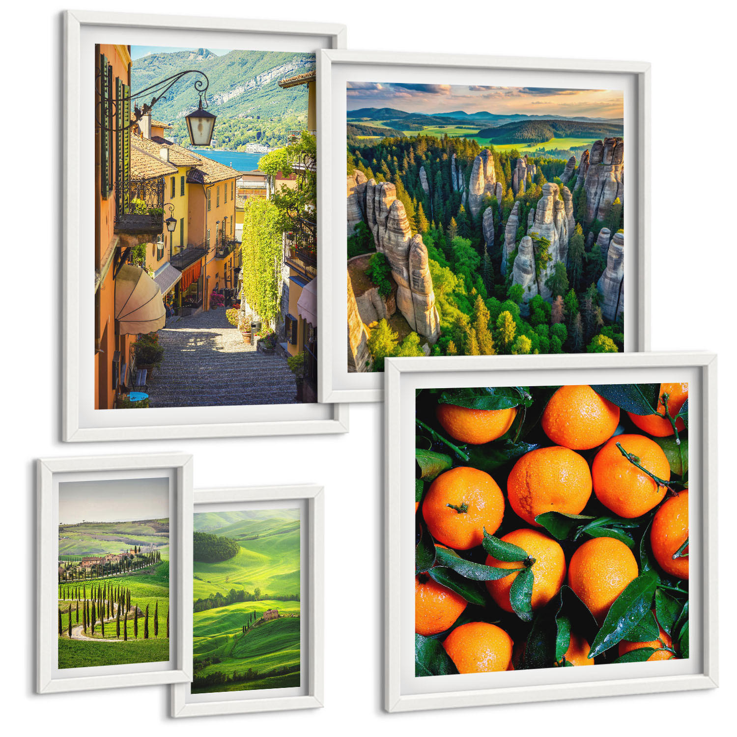 BILDER SET 5er Set - 50x50 cm & 20x30 cm & 40x60 cm Weißer Rahmen - Italienische Landschaft Orangen Natur - Weiß, Kunststoff (40/60cm) - TULUP