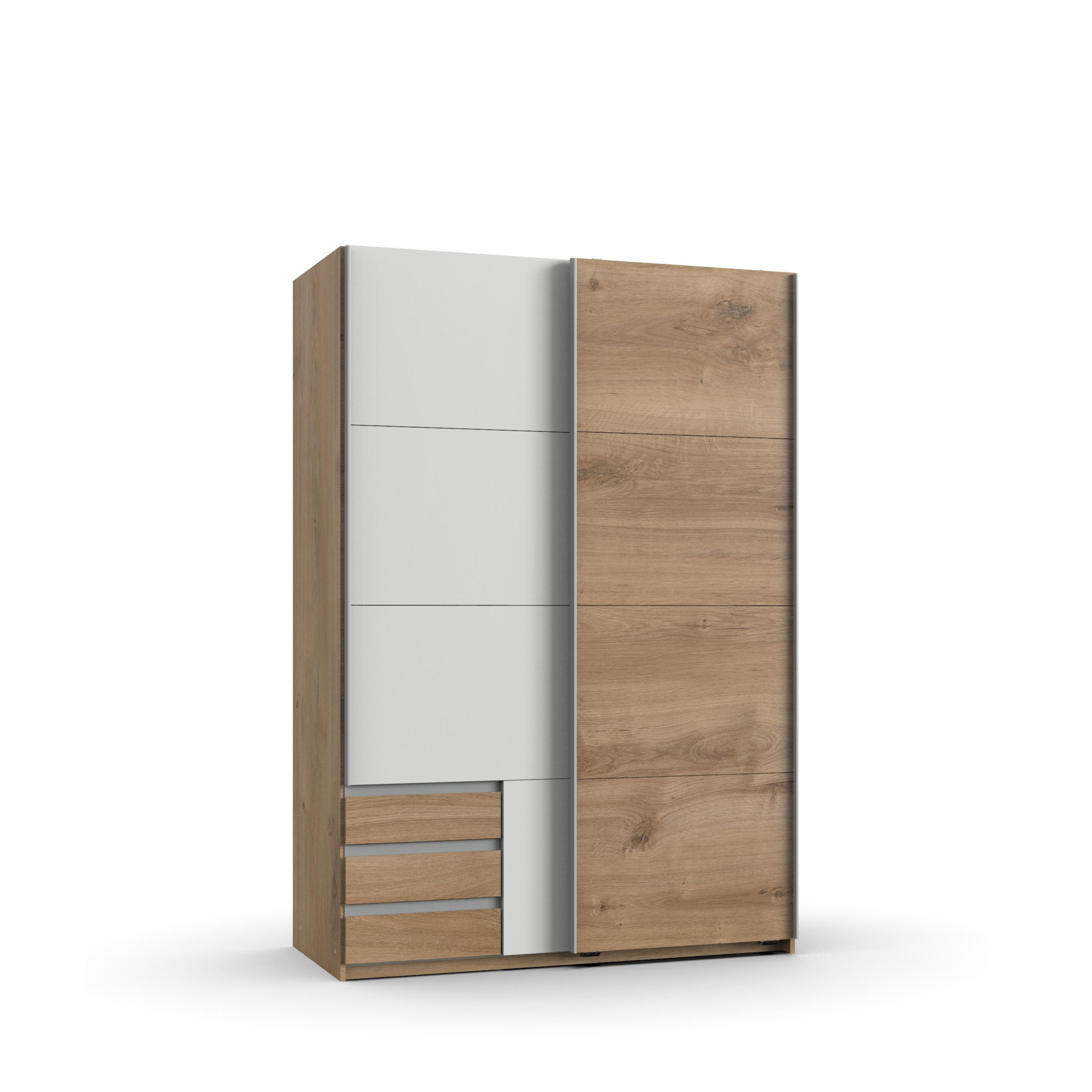 SCHWEBETÜRENSCHRANK 2-türig B135/H198/T65 cm, Kleiderschrank mit sichtbaren Schubkästen in Eiche Dekor, 1x Tür in Weiß / 22663 - Eichefarben/Alufarben, Holz/Holzwerkstoff (135/198/65cm) - luma-home