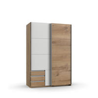 SCHWEBETÜRENSCHRANK 2-türig B135/H198/T65 cm, Kleiderschrank mit sichtbaren Schubkästen in Eiche Dekor, 1x Tür in Weiß / 22663 - Eichefarben/Alufarben, Holz/Holzwerkstoff (135/198/65cm) - luma-home