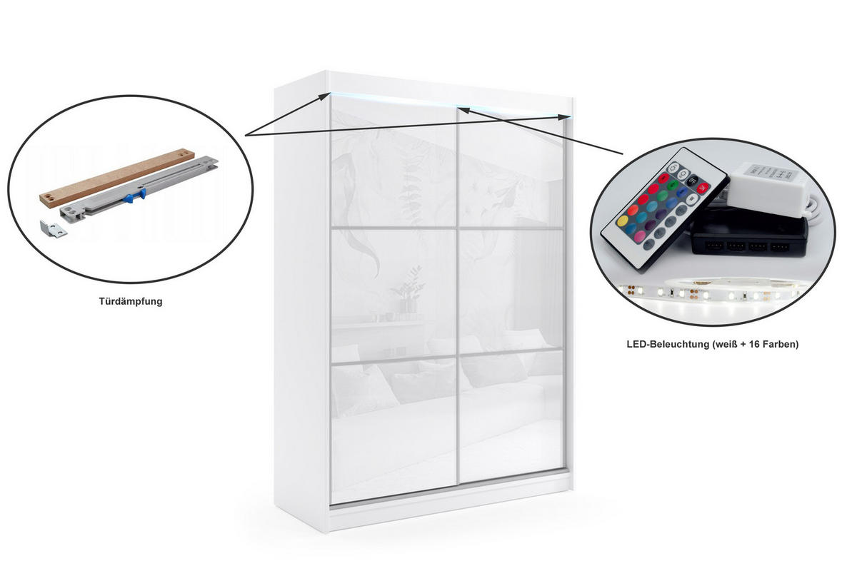KLEIDERSCHRANK mit Lacobel-Schiebetüren und Aluminium- Leisten, LED-Beleuchtung - VIVONA - 160 cm Schwarz - Schwarz, Holzwerkstoff (160/216/61cm) - ALTDECOR