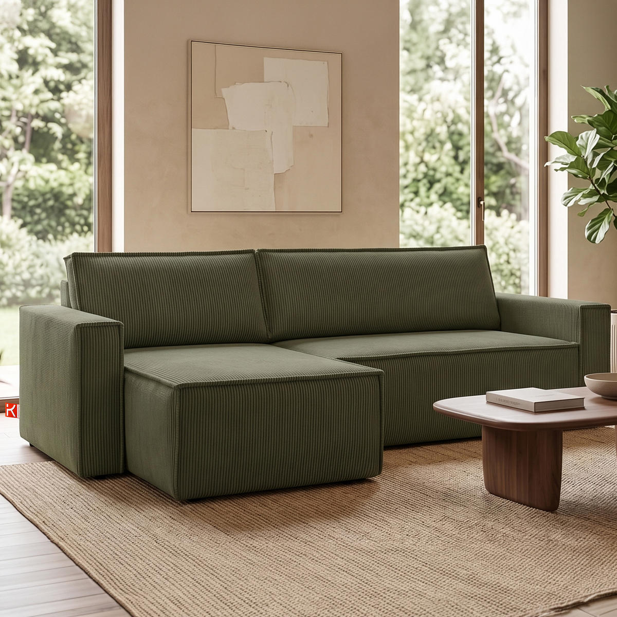 ECKSOFA-LINKS/RECHTS NAPI Schlaffunktion mit Cordbezug, grün - Schwarz/Olivgrün, Textil (246/148cm) - KONSIMO®