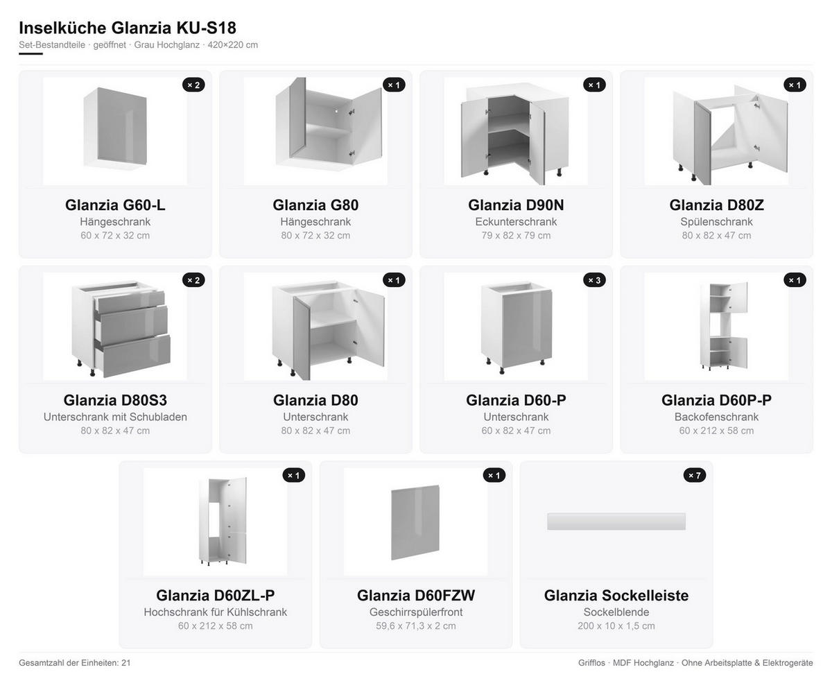 INSELKÜCHE 420x220 cm Glanzia – KU-S18 – Grau – Hochglanz - Grau, Holzwerkstoff (420/212/220cm) - hi-markt