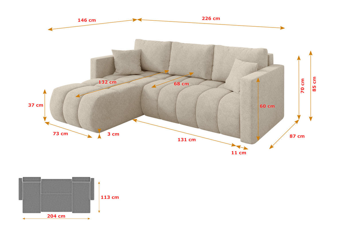 ROHOVÁ SEDAČKA s funkcí spaní, otoman vlevo GARD-L 226x146x85 krémová velur - černá/krémová, kompozitní dřevo/textil (226/146cm) - ALTDECOR