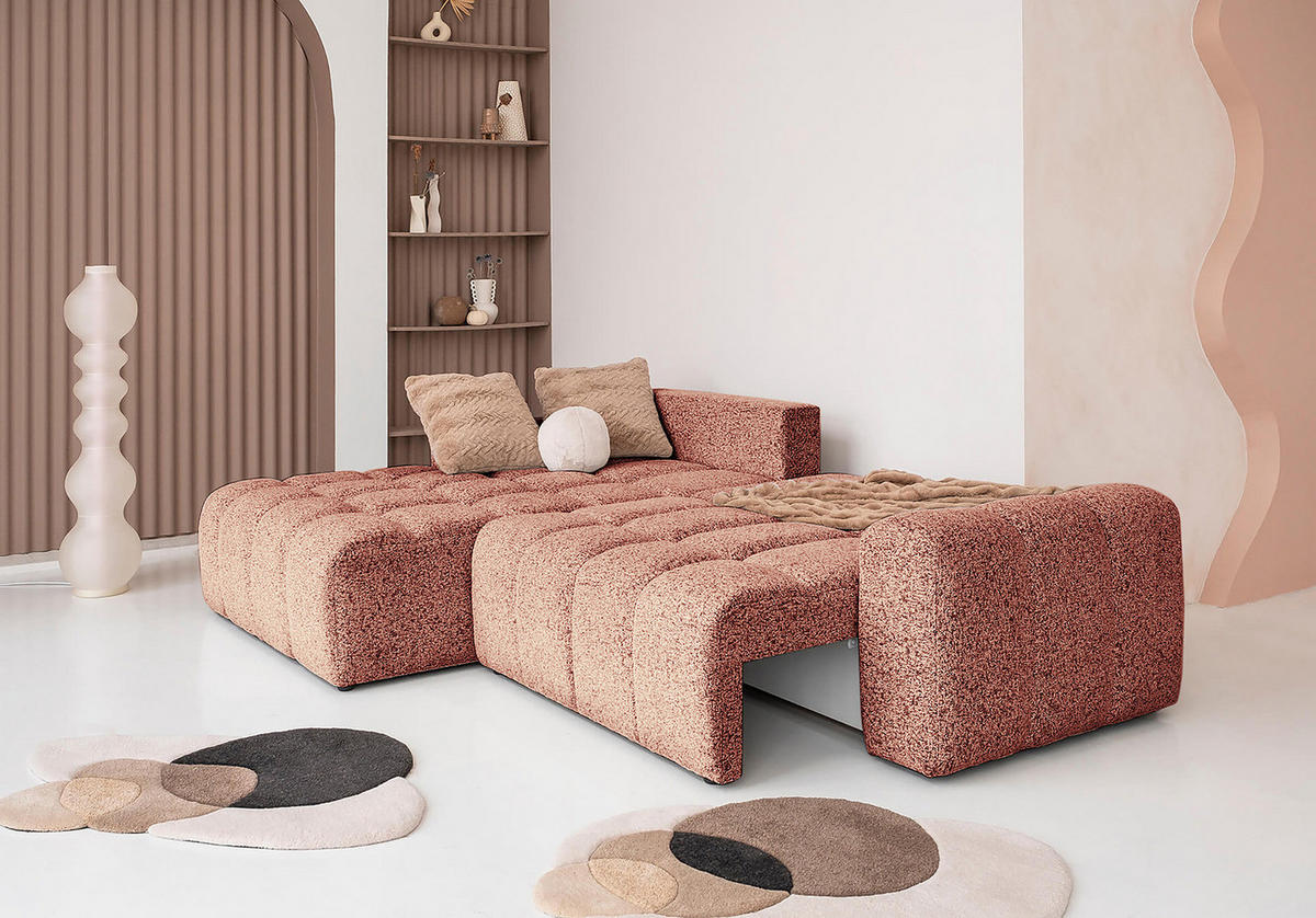 ECKSOFA mit Schlaffunktion - Strukturstoff - Beige/Rot, Kunststoff/Textil (268/184cm) - home24