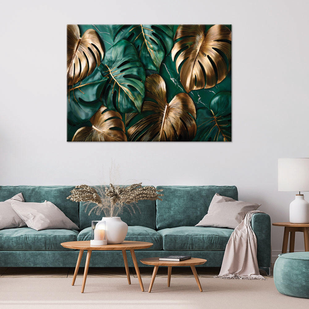 LEINWANDBILD Goldgrüne Monstera-Blätter - Grün, Textil (60/40cm) - Feeby