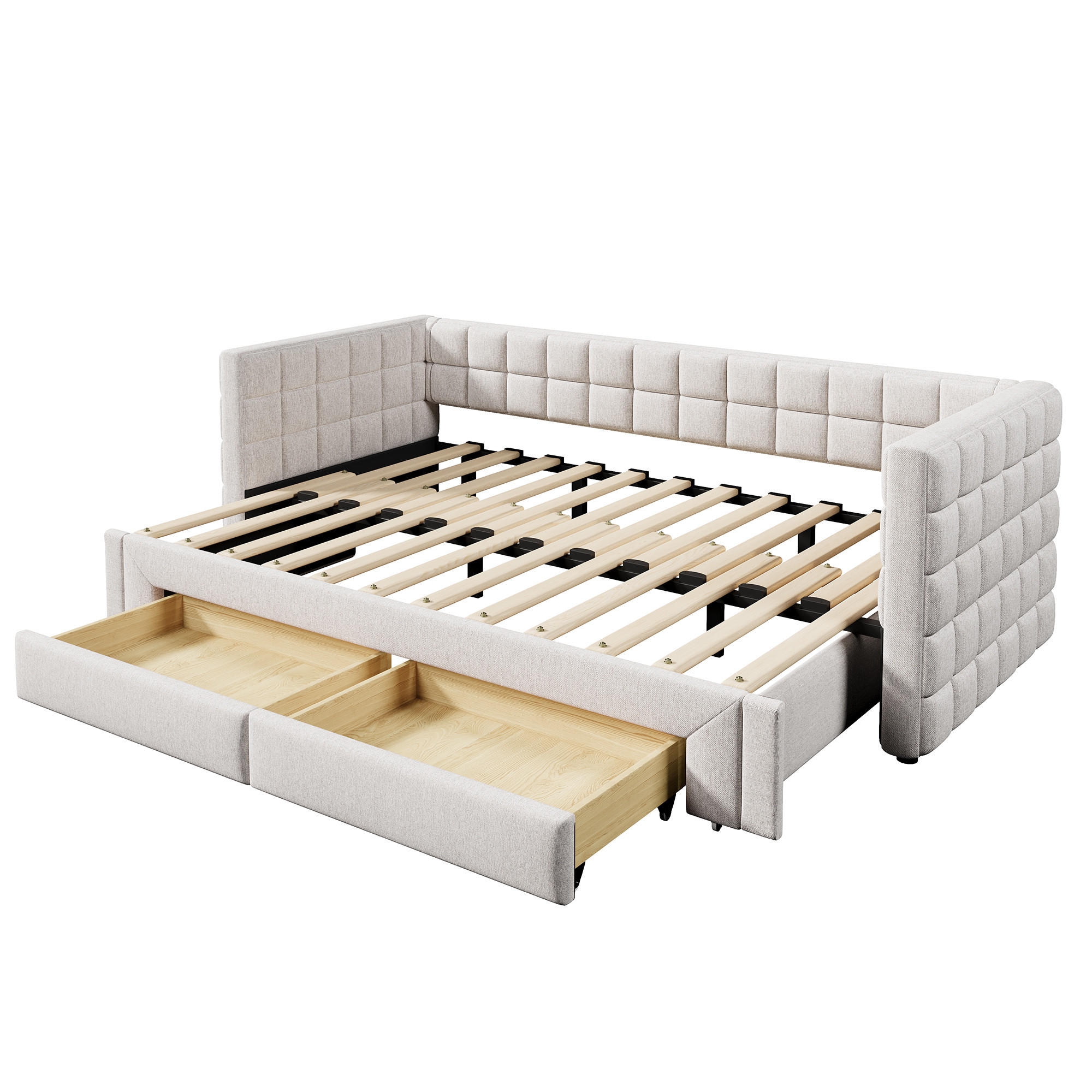 TAGESBETT 90/200 cm DE-04655, mit Ausziehbett und 2 Schubladen in Beige - Beige, Holzwerkstoff (90/200cm) - ComfortXL