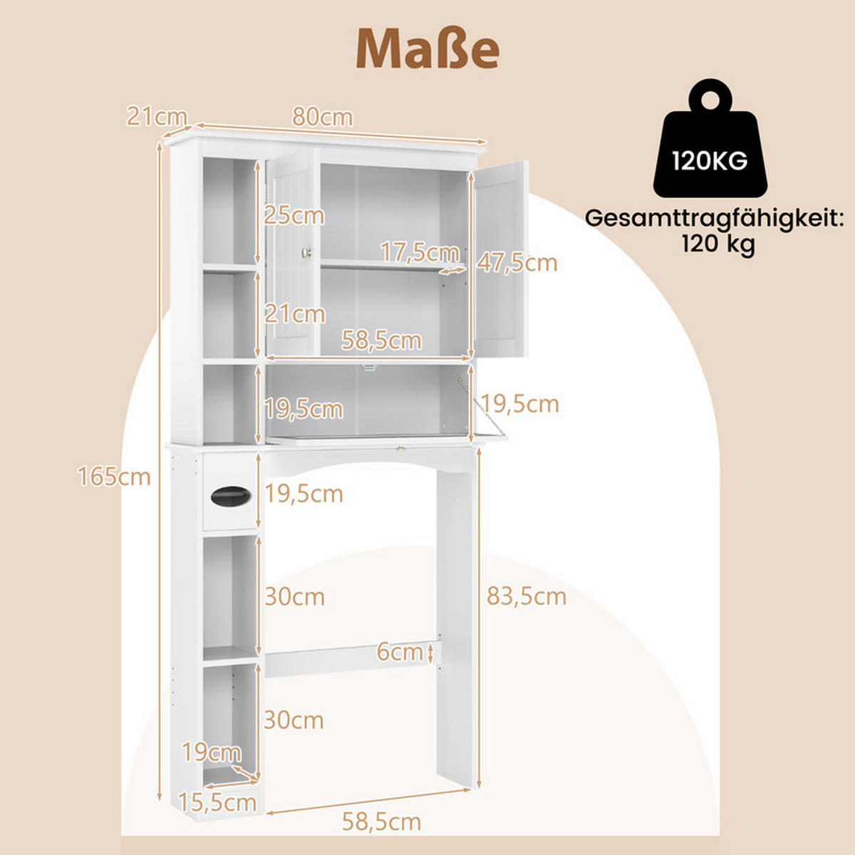 TOILETTENSCHRANK mit 3 Türen weiß - Weiß, Holzwerkstoff (80/165/21cm) - COSTWAY