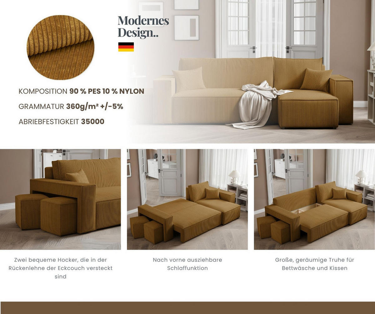 ECKSOFA PARIS mit Schlaffunktion und Bettkasten Senfgelb - Currygelb, Holzwerkstoff/Kunststoff (262/145cm) - Idohome