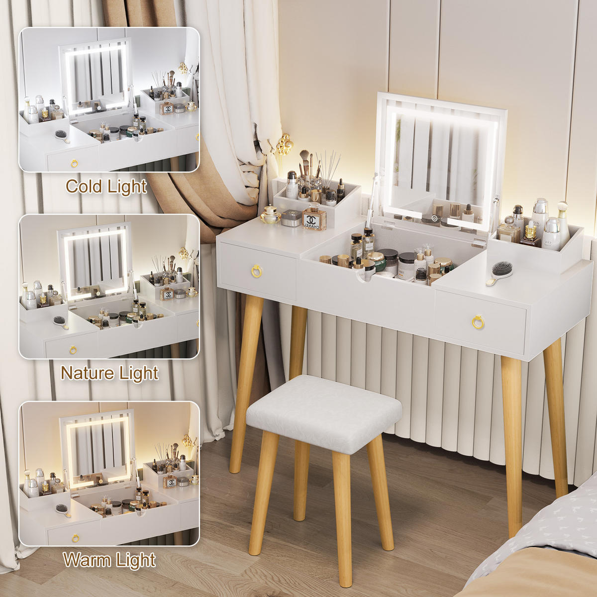 SCHMINKTISCH klappbar 2 in 1 MDF 2 Schubladen Weiß - Weiß, Metall (40/116.3/100cm) - Rattantree