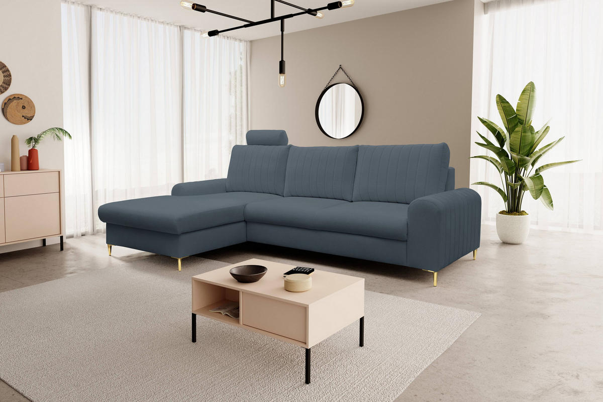 ECKSOFA VERONA L-S Blau Geflochtener Stoff mit Schlaffunktion - Blau, Holz (251/164cm) - MASSENO