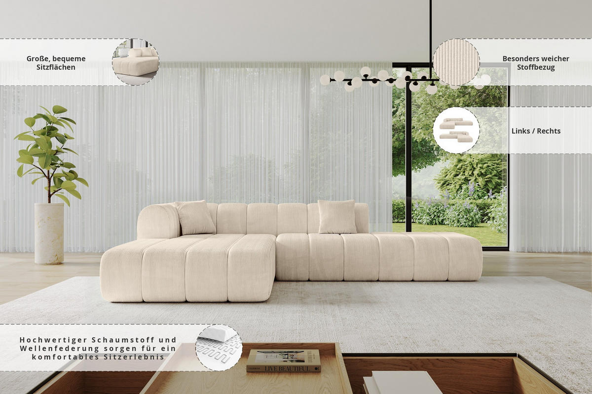 ECKSOFA Ottomane Links BILA-L 289x176x71 Beige Cord - Kaschmir/Beige, Holzwerkstoff/Kunststoff (176/289cm) - ALTDECOR