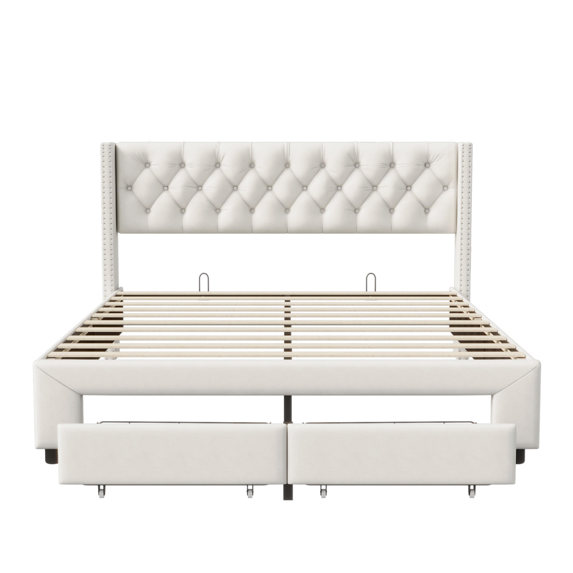 POLSTERBETT 180x200 cm, 2 Fußschubladen, LED-Licht, USB-Ladefunktion, Samt beige - Beige, Metall (180/200cm) - EuroLiving