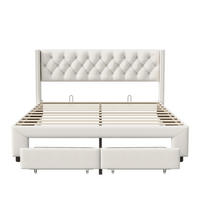 POLSTERBETT 180x200 cm, 2 Fußschubladen, LED-Licht, USB-Ladefunktion, Samt beige - Beige, Metall (180/200cm) - EuroLiving