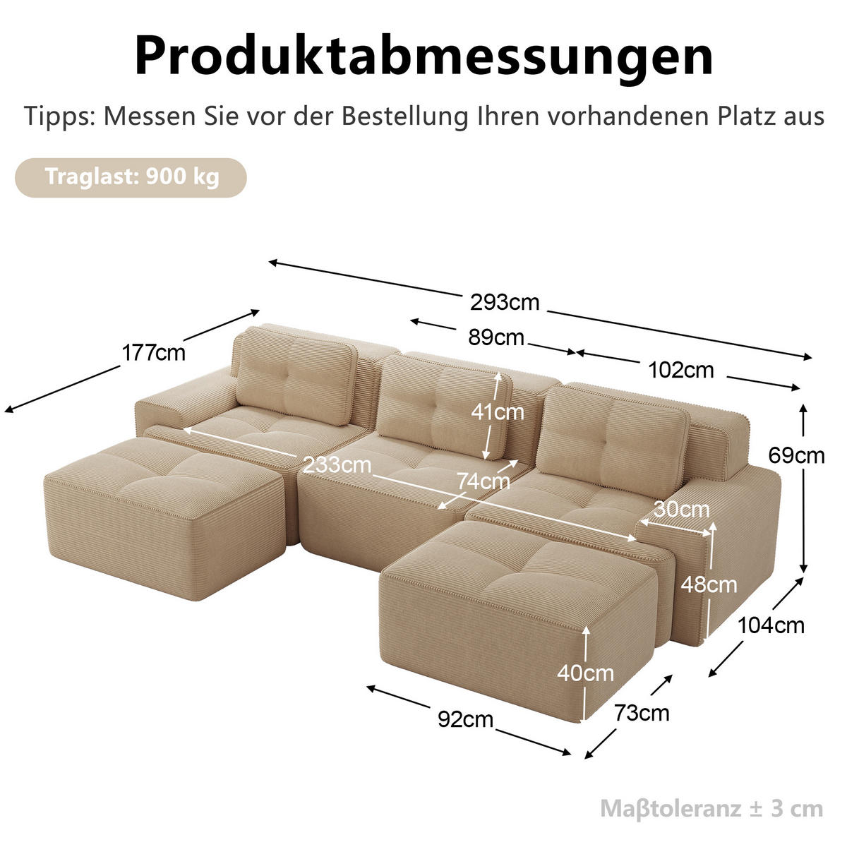 WOHNLANDSCHAFT DE-34113 modular 3-Sitzer mit Ottoman Beige - Beige, Textil (177/69/293cm) - ComfortXL