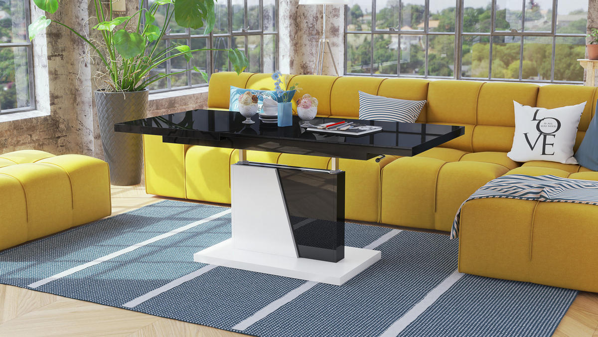 COUCHTISCH rechteckig Schwarz Hochglanz - Weiß matt ausziehbar höhenverstellbar - Schwarz Hochglanz/Weiß, Holzwerkstoff (70/120/60cm) - designimpex